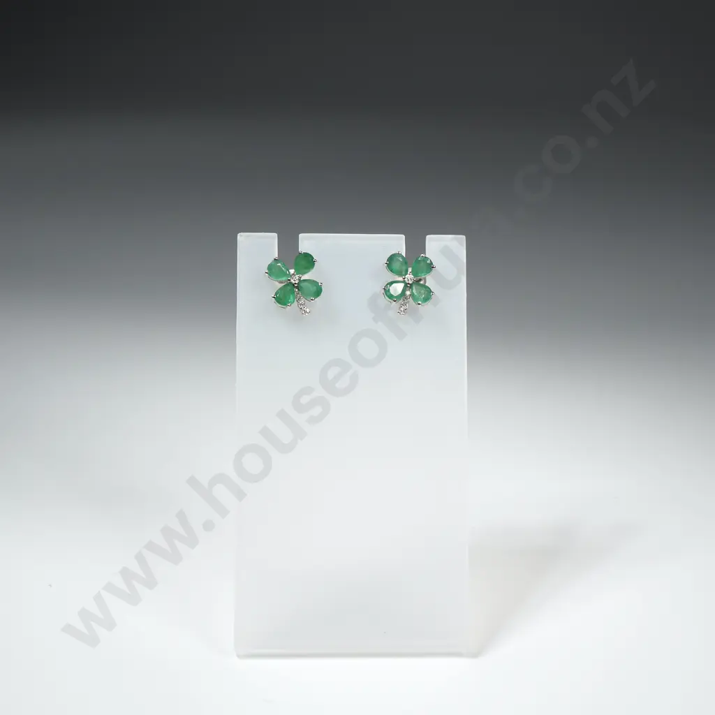 Sterling Silver Diamond & Emeralds Stud Earrings Image 1++