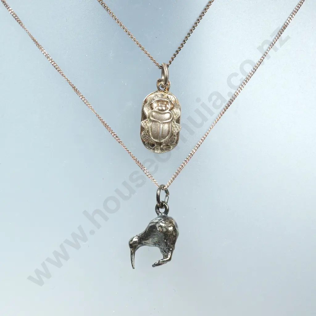 Two Sterling Silver Pendants- Kiwi  & A Scarab Beetle on Chain  Image 1++