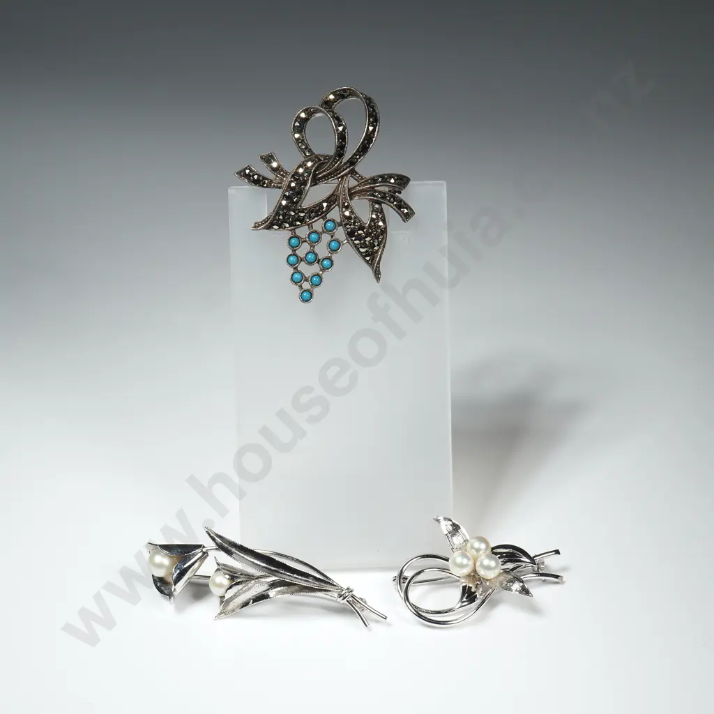 Two  Sterling Silver Brooches & A Marcasite & Turquoise Sterling Silver Brooch  Image 1++