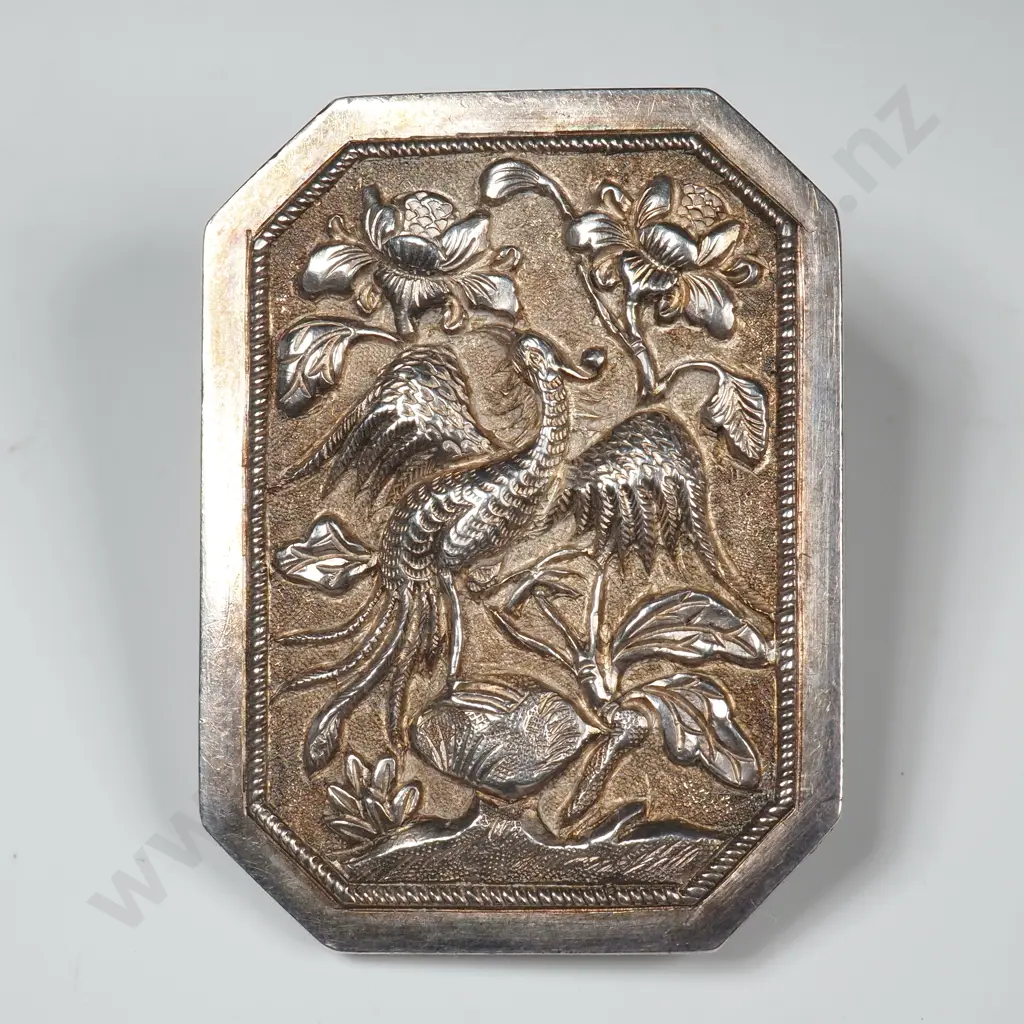 Chinese Silver Brooch Decorated w Repousse Work Depicting a Phoenix & Flowers Image 1++
