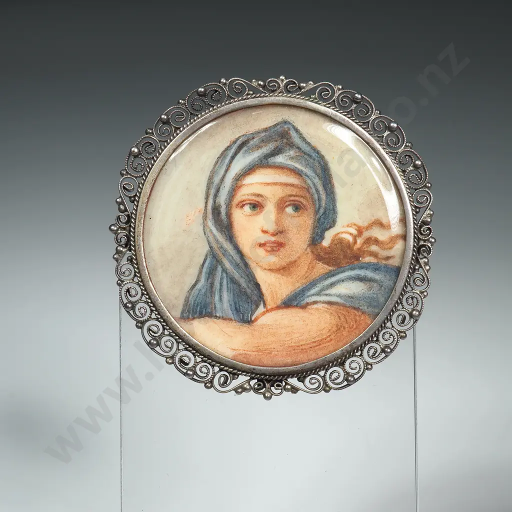 Antique Cased .800 Silver Hand Painted Portrait Brooch  Image 1++