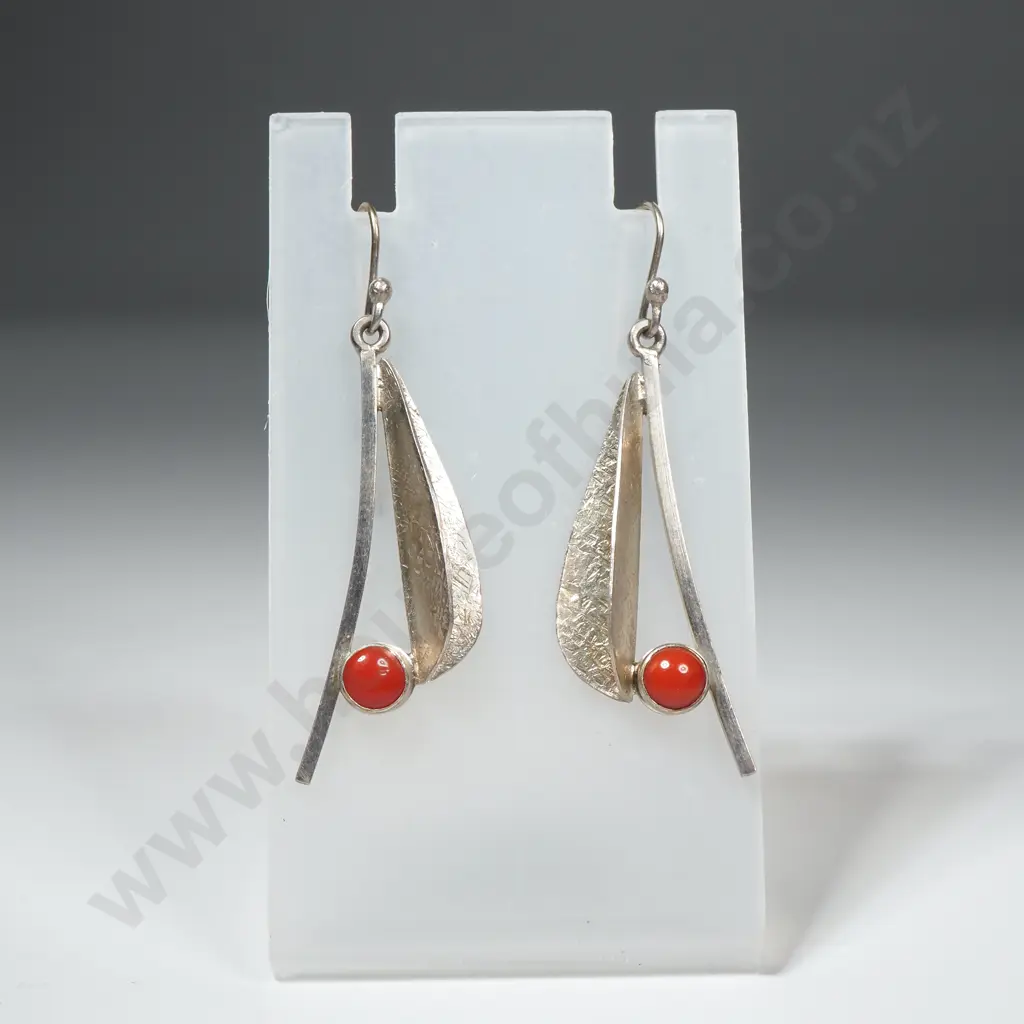 Modern Sterling Silver And Red Coral Earrings Image 1++