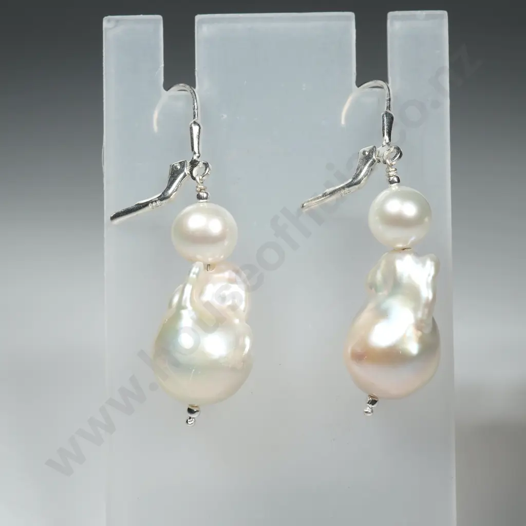 Sterling Silver Baroque & Round Pearl Earrings Image 1++