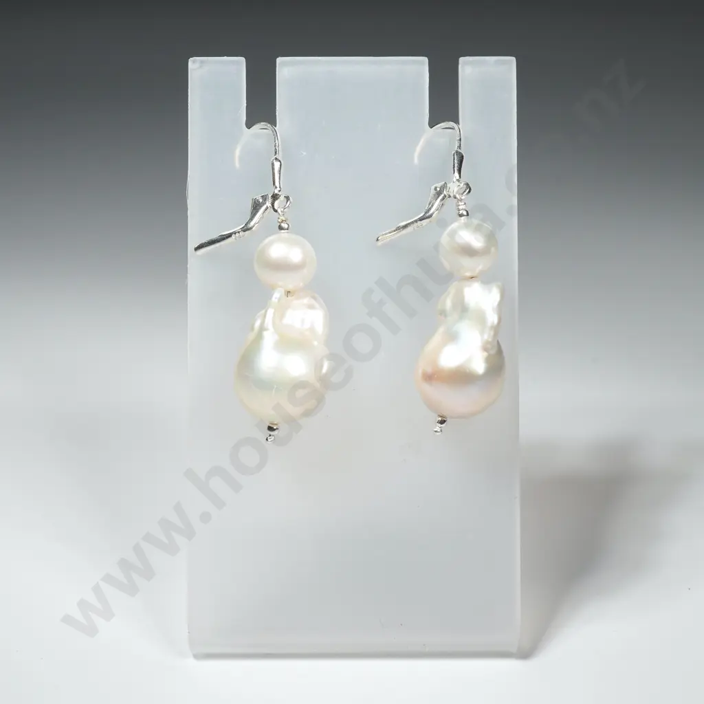 Sterling Silver Baroque & Round Pearl Earrings Image 1++