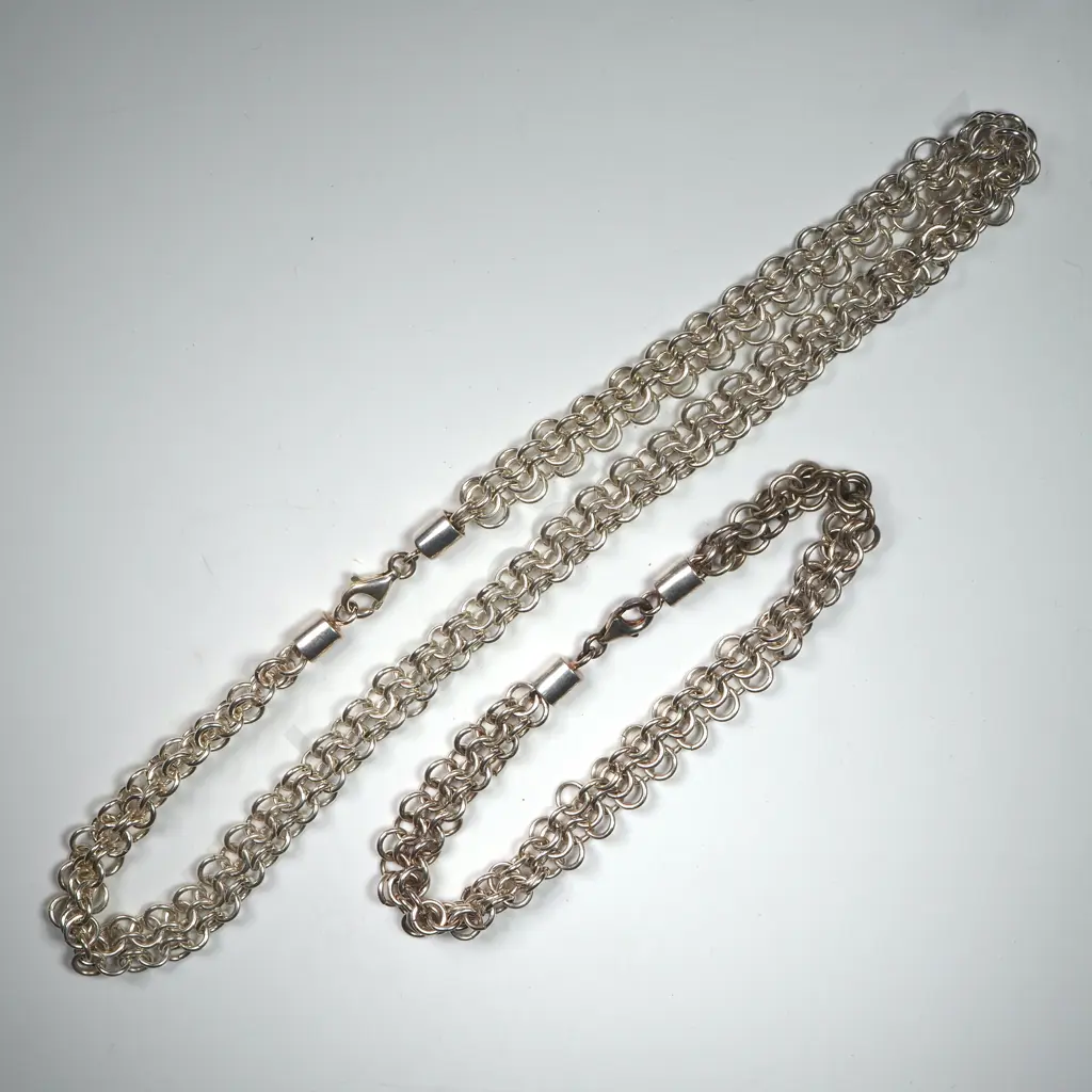Heavy Modern Sterling Silver Fancy Necklace And Matching Bracelet Image 1++