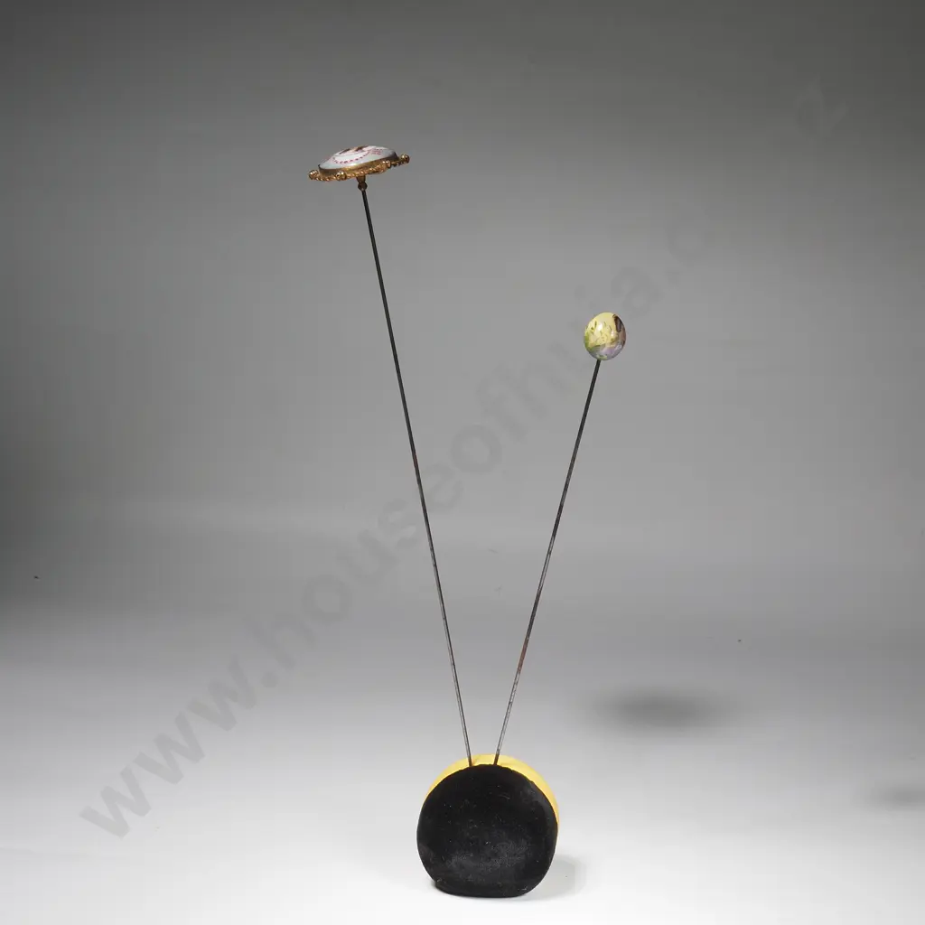 Two Vintage Hatpins - One well painted oriental scene Image 1++