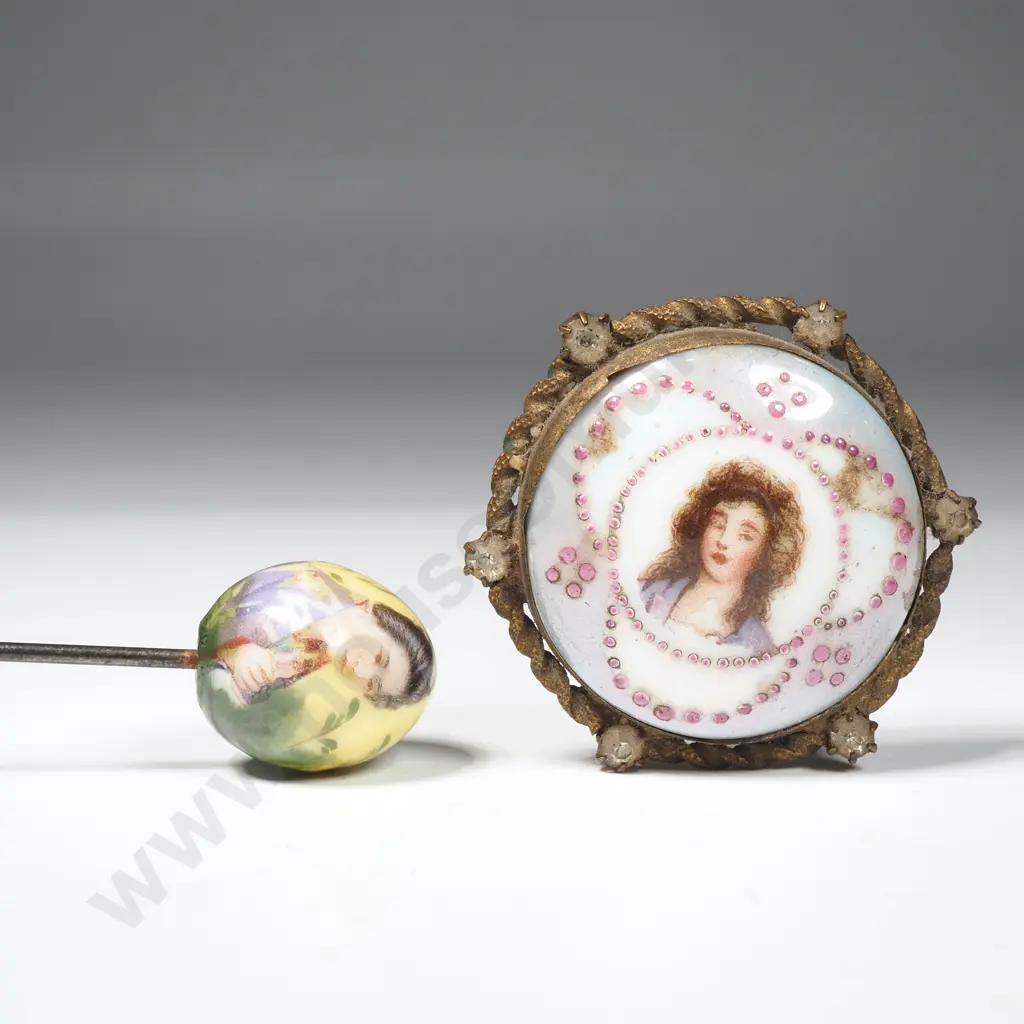 Two Vintage Hatpins - One well painted oriental scene Image 1++