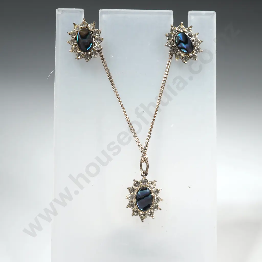 Modern Sterling Silver And Paua Shell Earrings With Matching Pendant And Sterling Silver Chain Image 1++