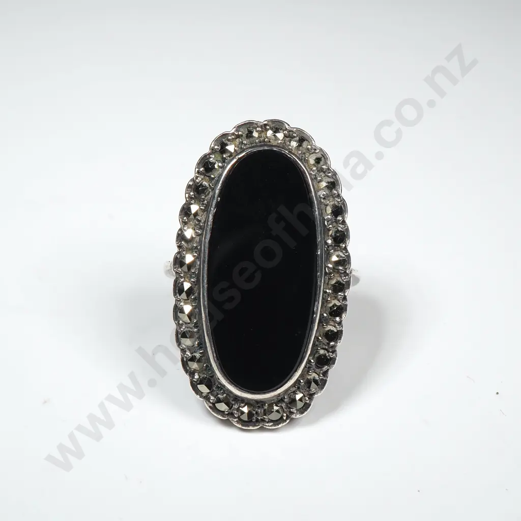 Large Vintage Sterling Silver, Onyx And Marcasite Ring Image 1++