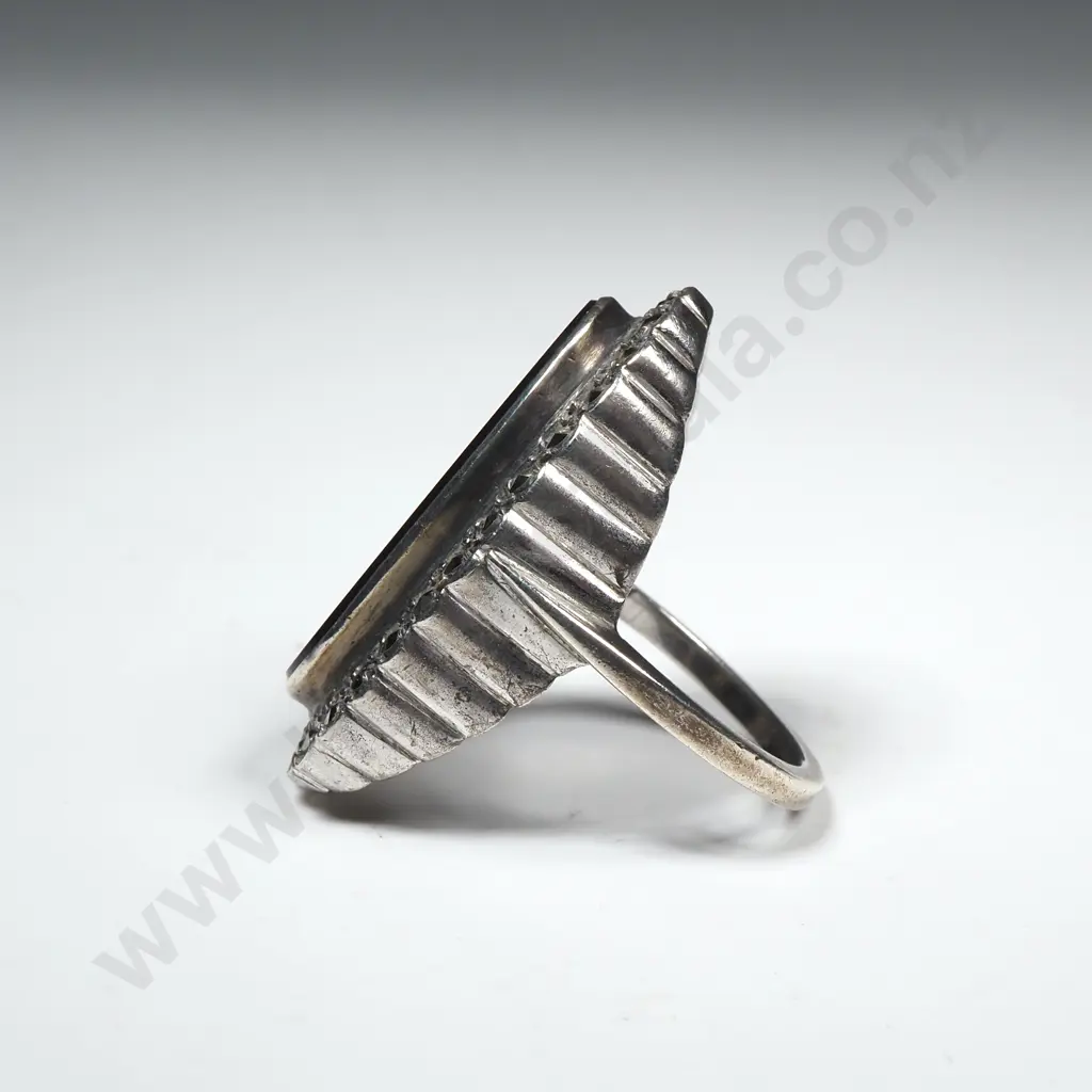 Large Vintage Sterling Silver, Onyx And Marcasite Ring Image 1++