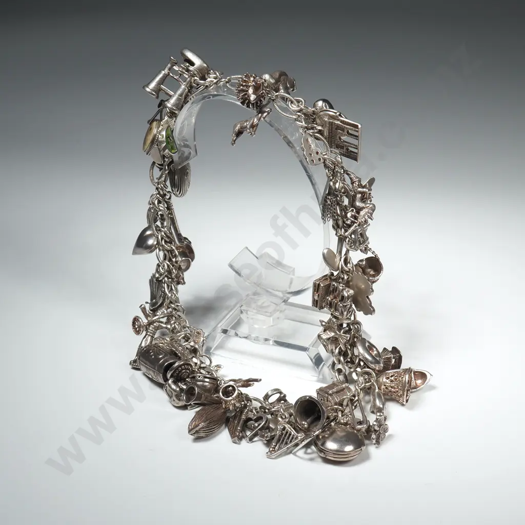 Heavy & Large Sterling Silver Charm Bracelet with Many Vintage Charms Including Steins, Shells, Binoculars, Dinghys etc. Image 1++