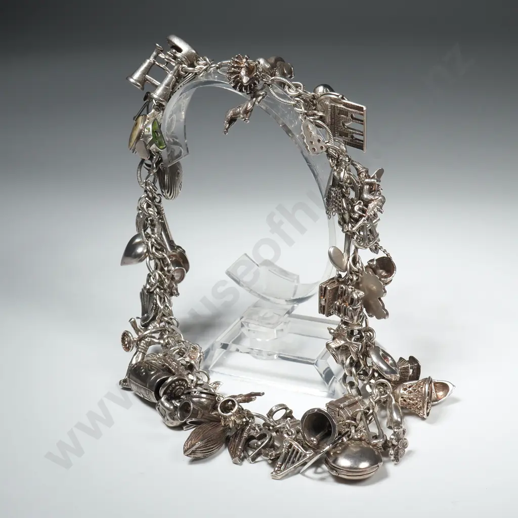 Heavy & Large Sterling Silver Charm Bracelet with Many Vintage Charms Including Steins, Shells, Binoculars, Dinghys etc. Image 1++