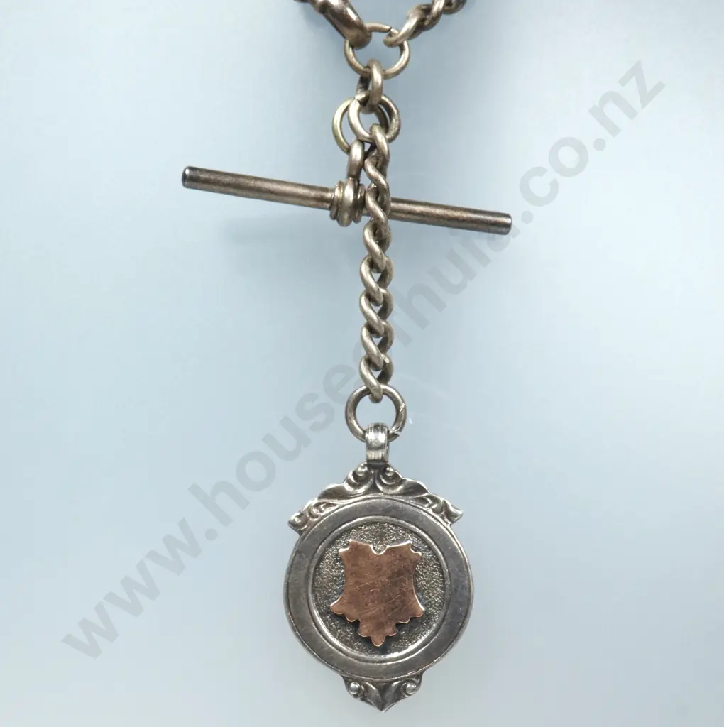 Antique Sterling Silver Single Albert Graduated Curb Link Chain With Fob Medal Attached Image 1++