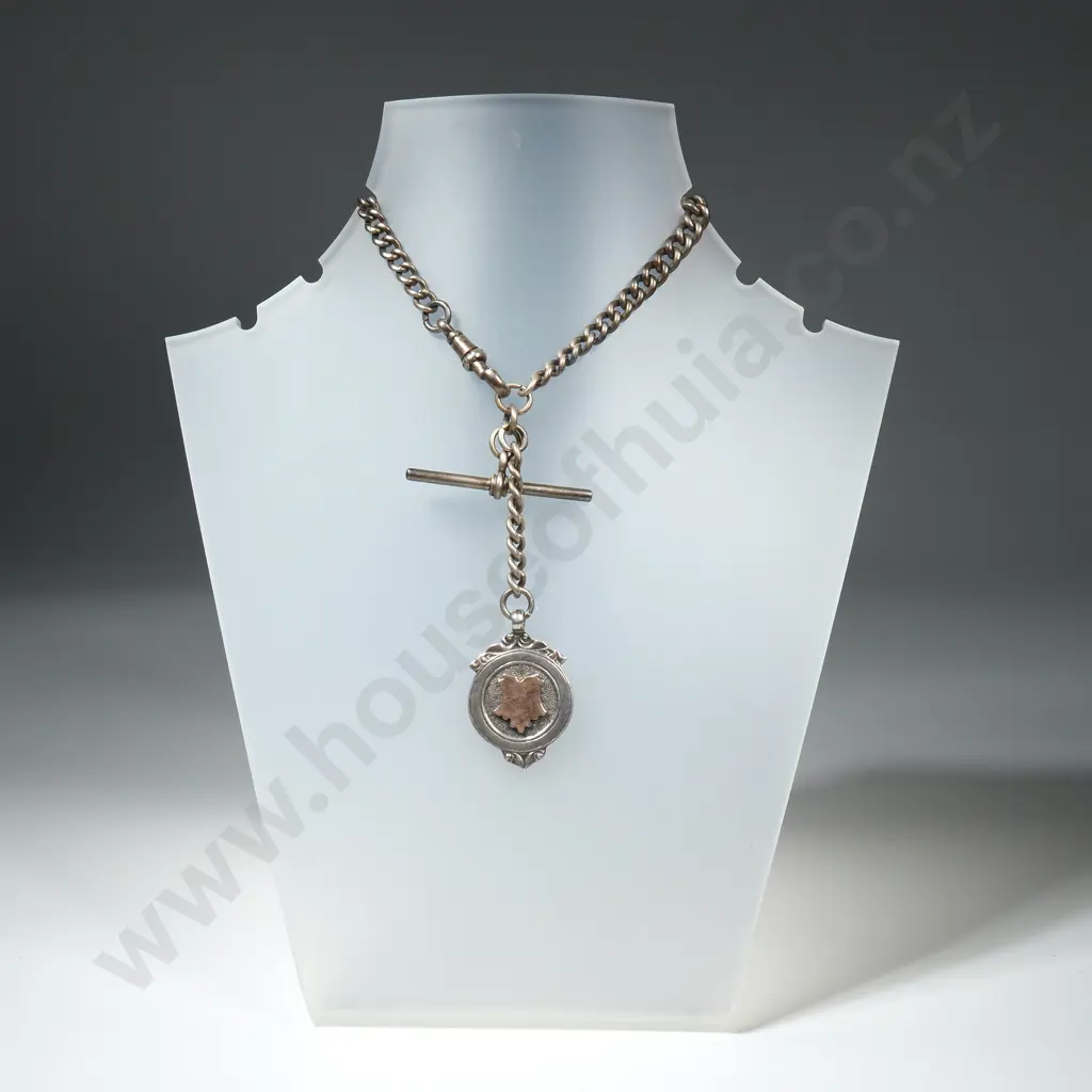 Antique Sterling Silver Single Albert Graduated Curb Link Chain With Fob Medal Attached Image 1++