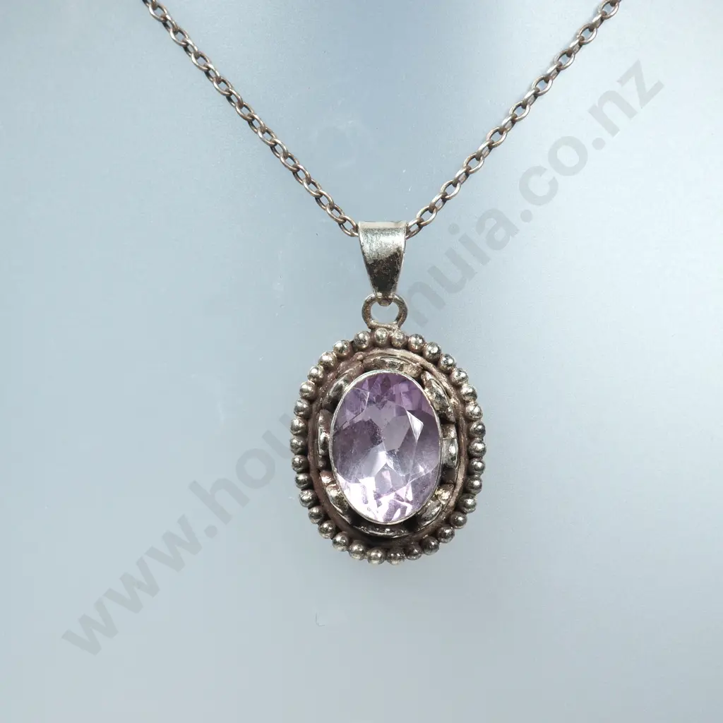 Vintage Sterling Silver Amethyst Set Pendant With Sterling Silver Chain Image 1++