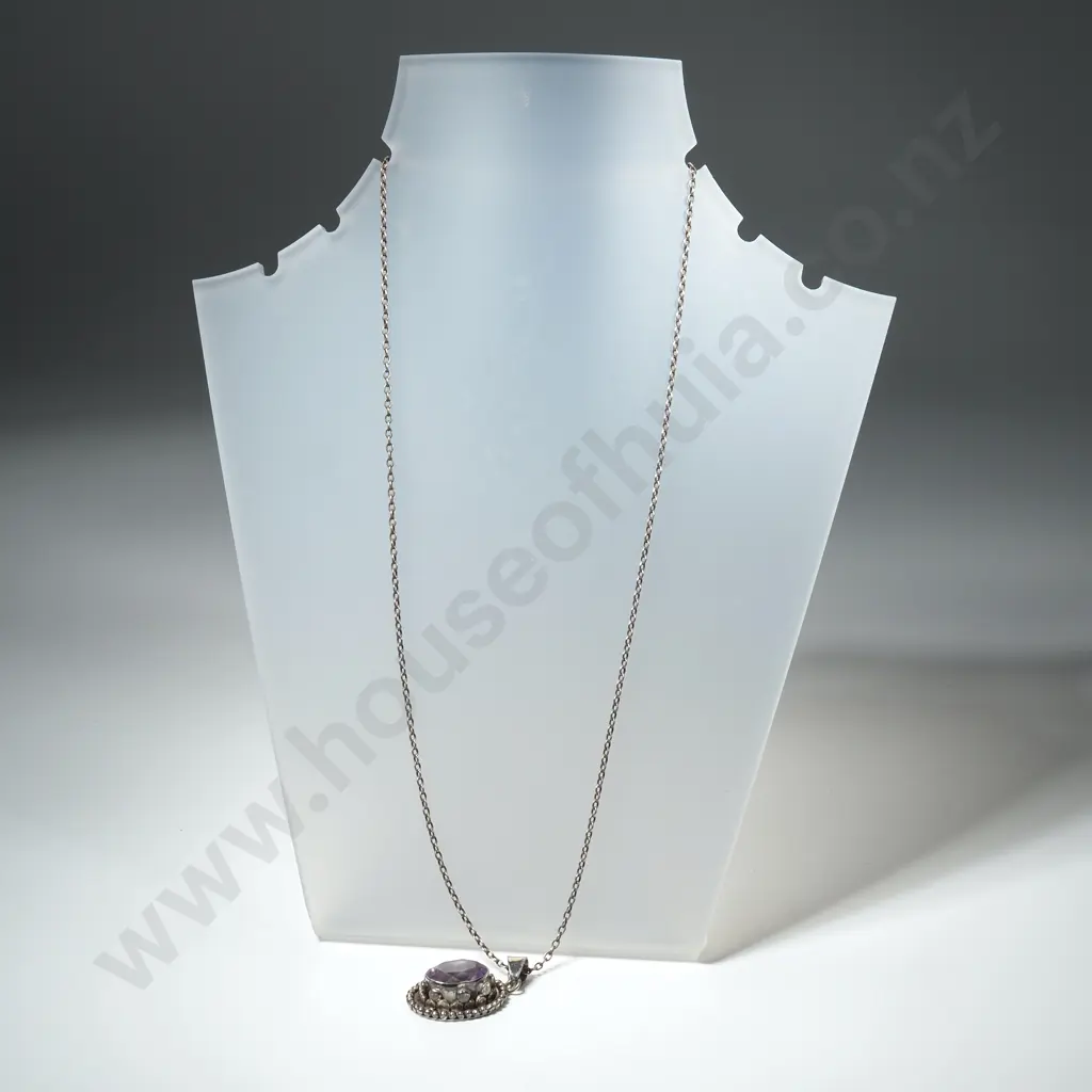 Vintage Sterling Silver Amethyst Set Pendant With Sterling Silver Chain Image 1++