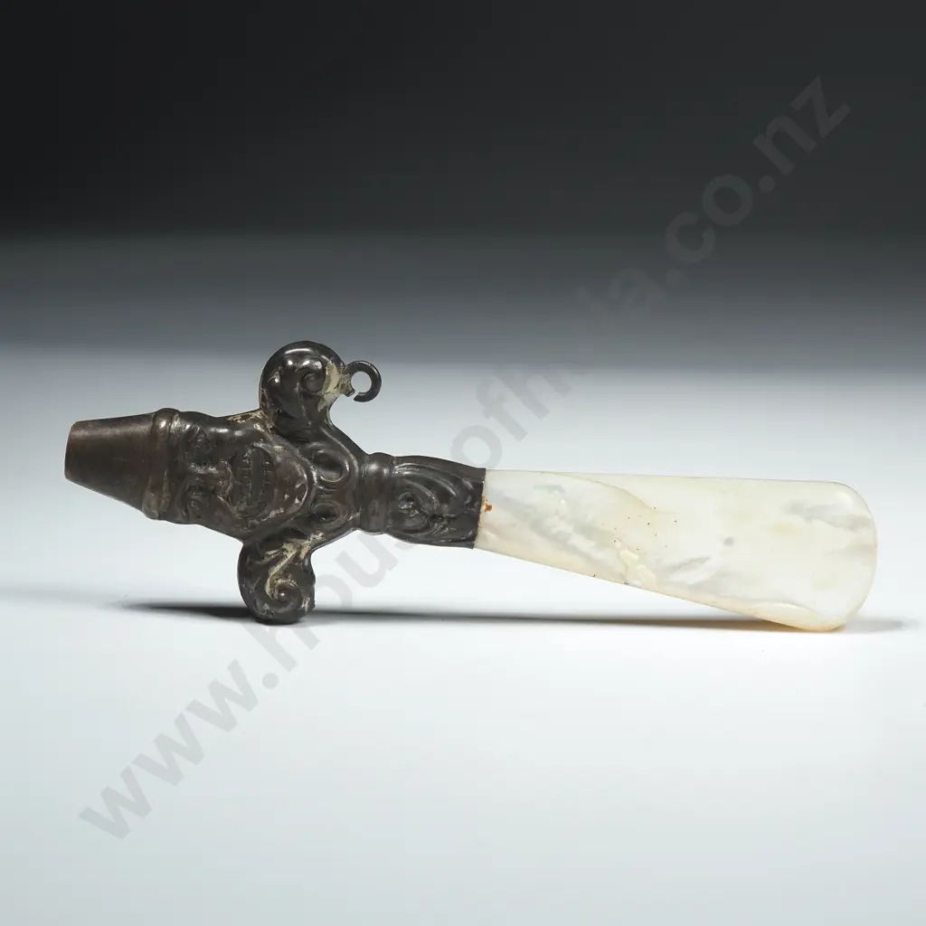 Sterling Silver Babies Rattle / Whistle w Mother of Pearl Handle -A/F Image 1++