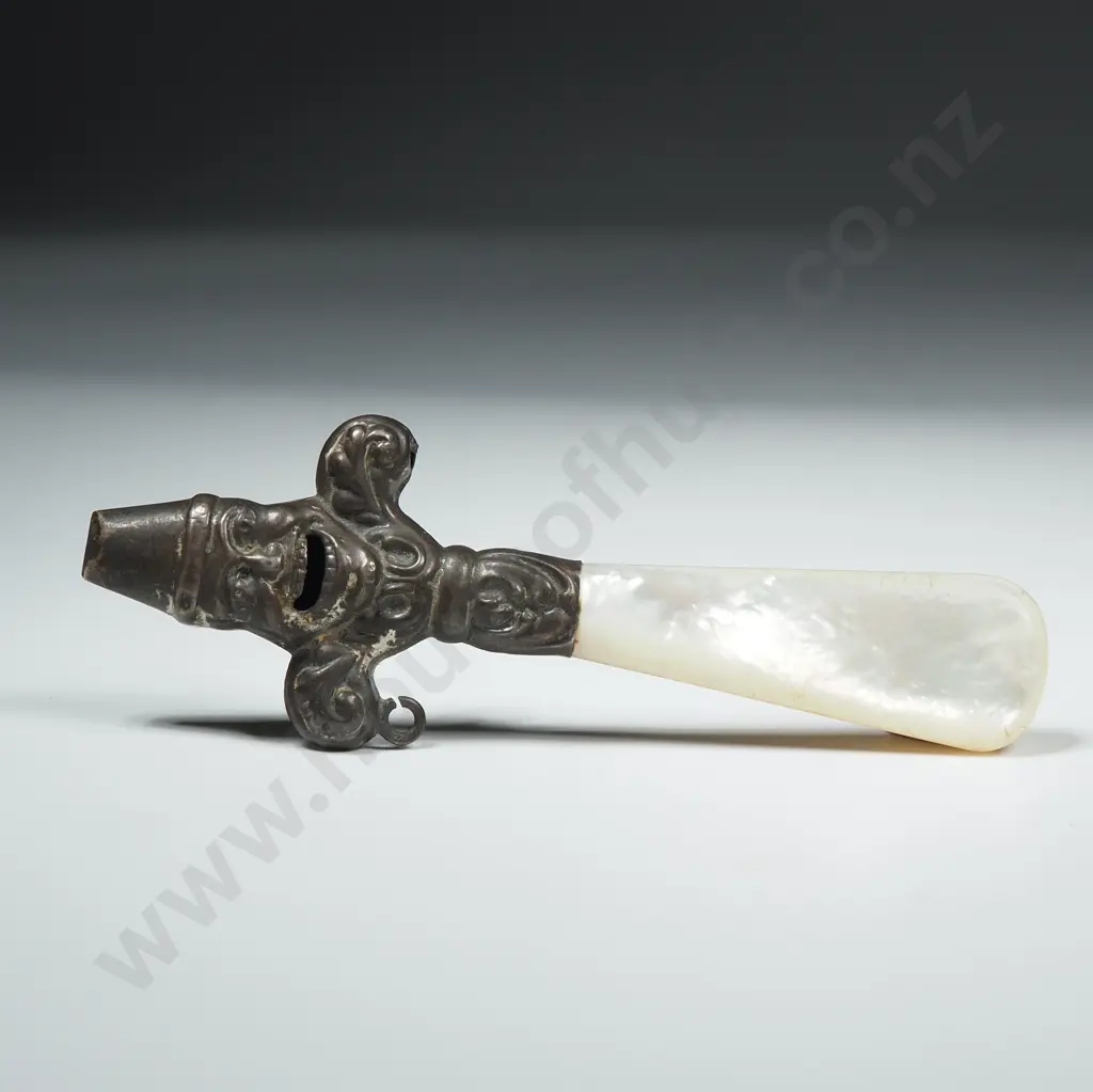 Sterling Silver Babies Rattle / Whistle w Mother of Pearl Handle -A/F Image 1++