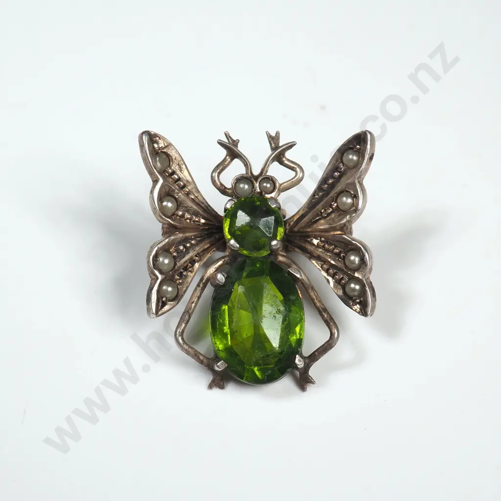 .800 Silver Bee Scarf Brooch Set w Green Stones Image 1++