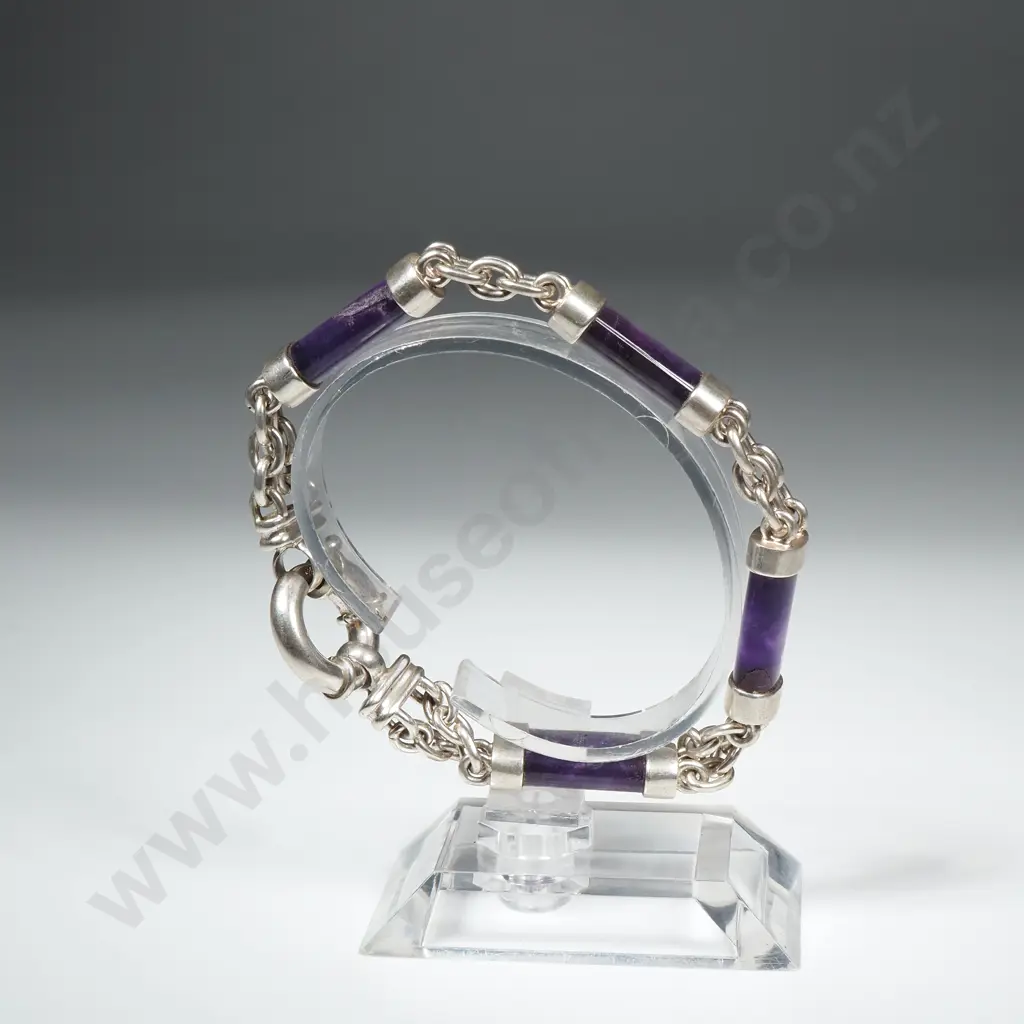 Modern Heavy Sterling Silver And Amethyst Bracelet Image 1++