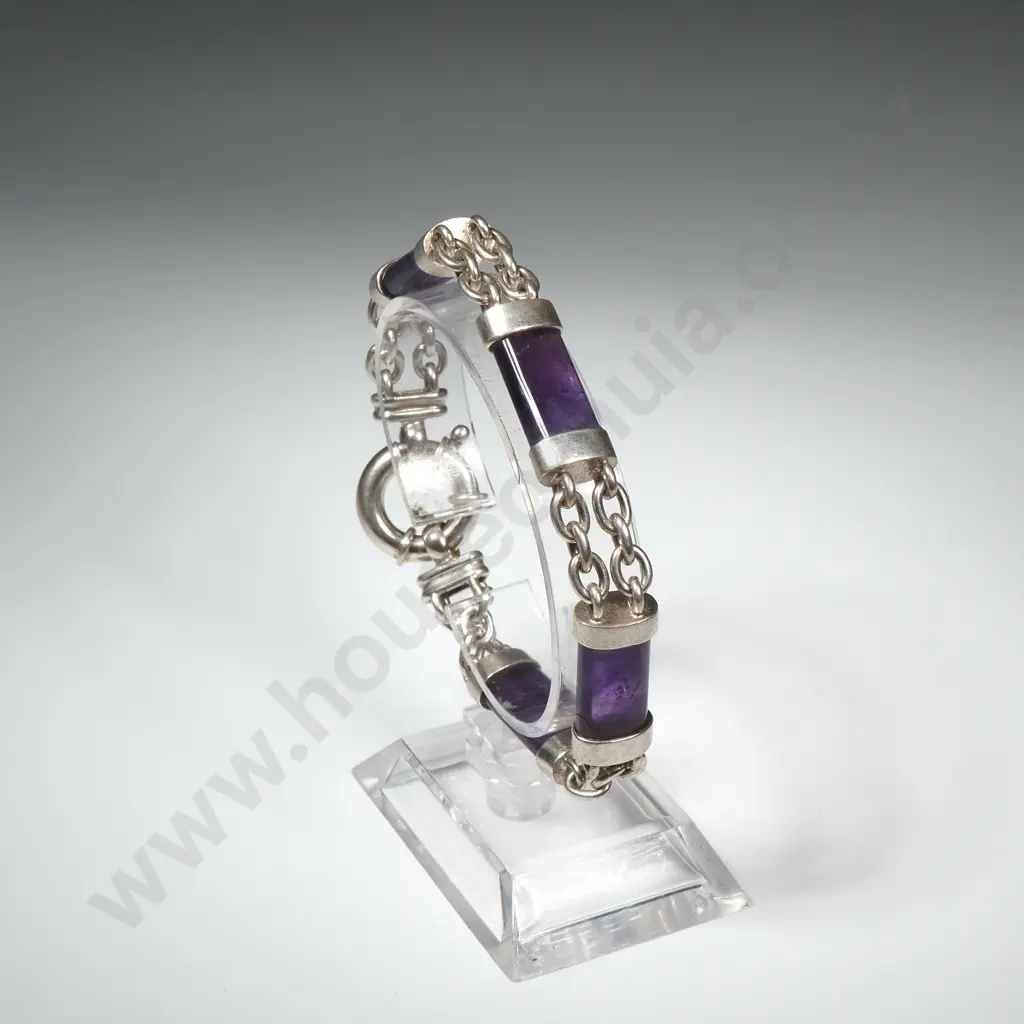 Modern Heavy Sterling Silver And Amethyst Bracelet Image 1++