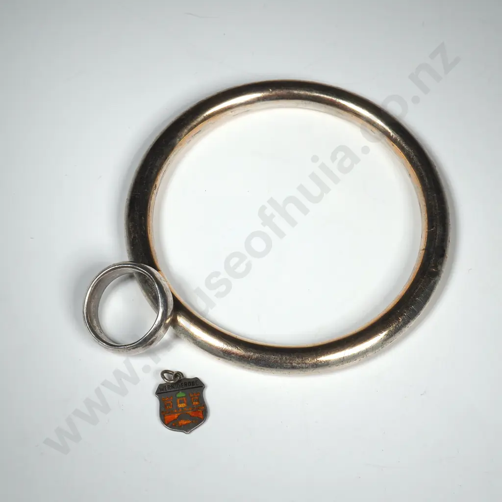 Sterling Silver Bangle Gold Lined Bangle (Gilt Worn), Sterling Band Ring & German 800 Silver Charm Image 1++