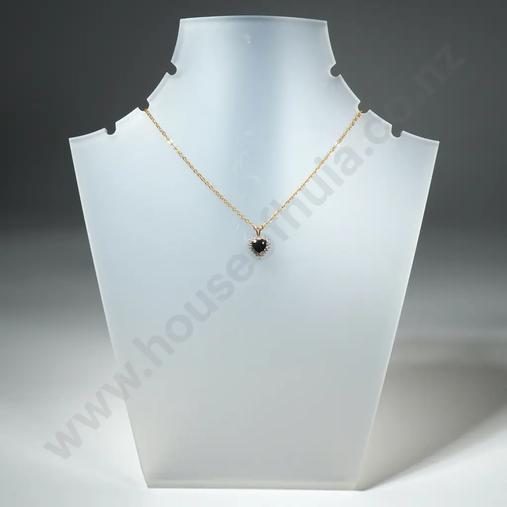Gold Tone Crystal/Black Gem Style Heart Shaped Pendant w Gold Tone Chain. Image 1++