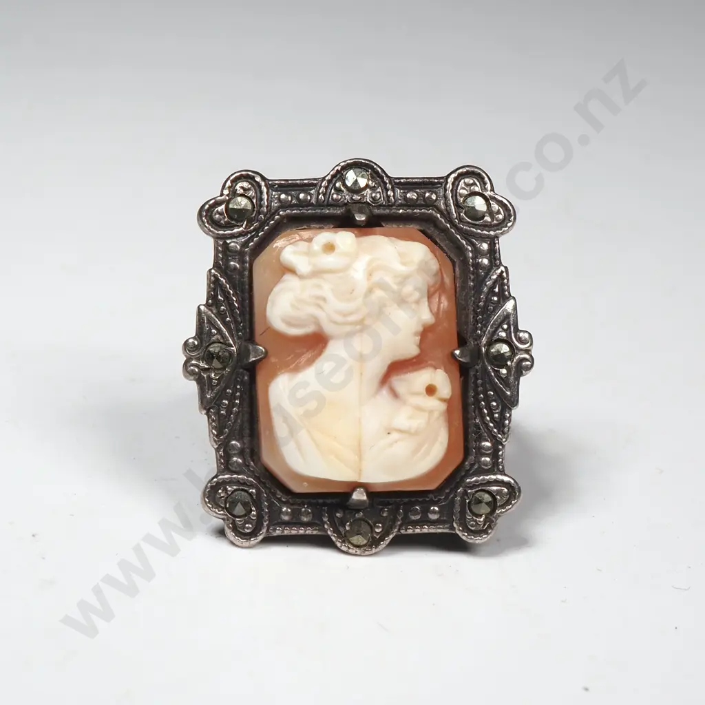 Sterling Silver Marcasite Cameo Ring Image 1++