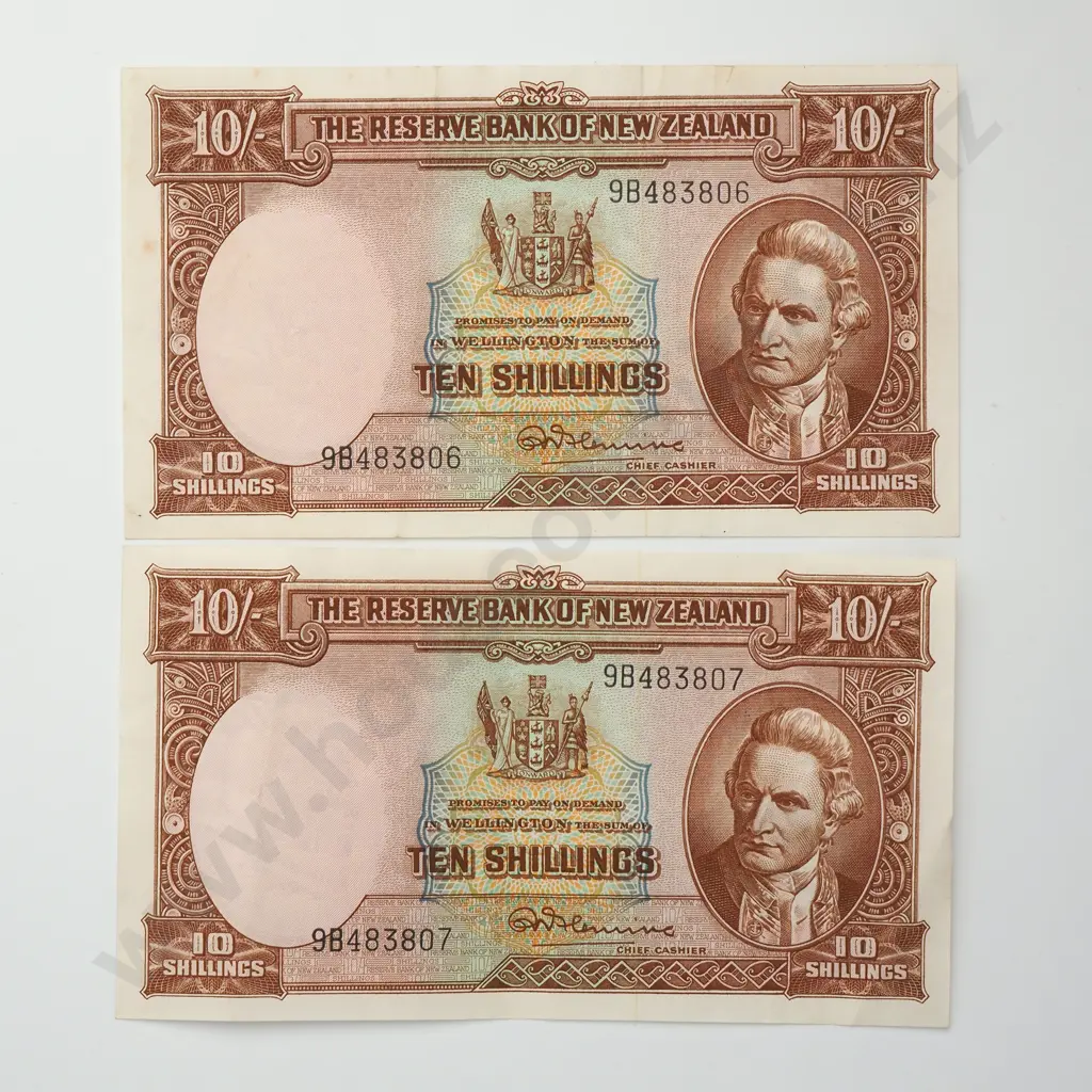 FLEMING CONSEC PAIR 10 SHILLINGS BANKNOTES ND(1956-67) P.158d EXTREMELY FINE CCV$170 Image 1++