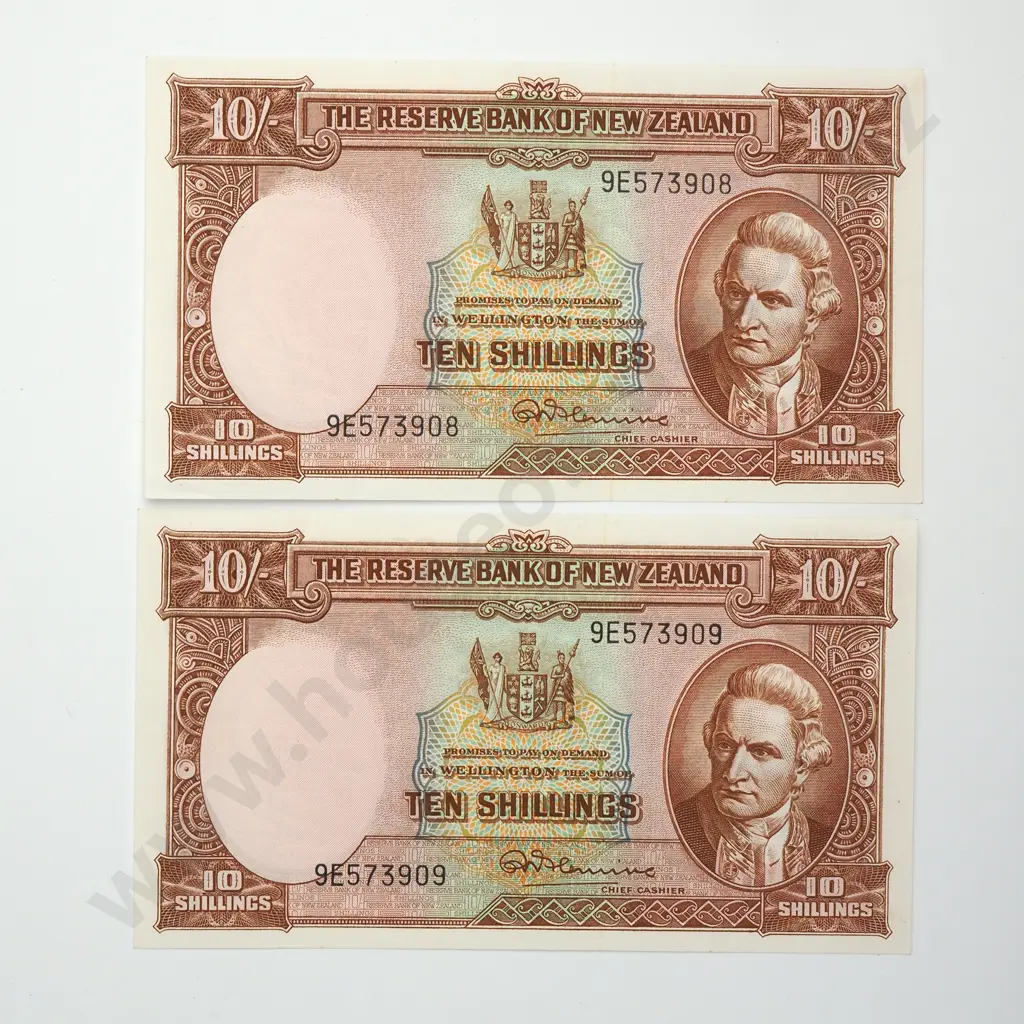 FLEMING CONSEC PAIR 10 SHILLINGS BANKNOTES ND(1956-67) P.158d UNCIRCULATED CCV$350 Image 1++