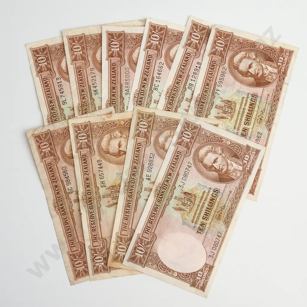 10 X 10 SHILLINGS, FLEMING SIGNATURES, PREFIXES 3J, 4E, 5H, 6C, 7Y, 8B, 8C, 9A, 9K, 9L, VERY GOOD – FINE Image 1++