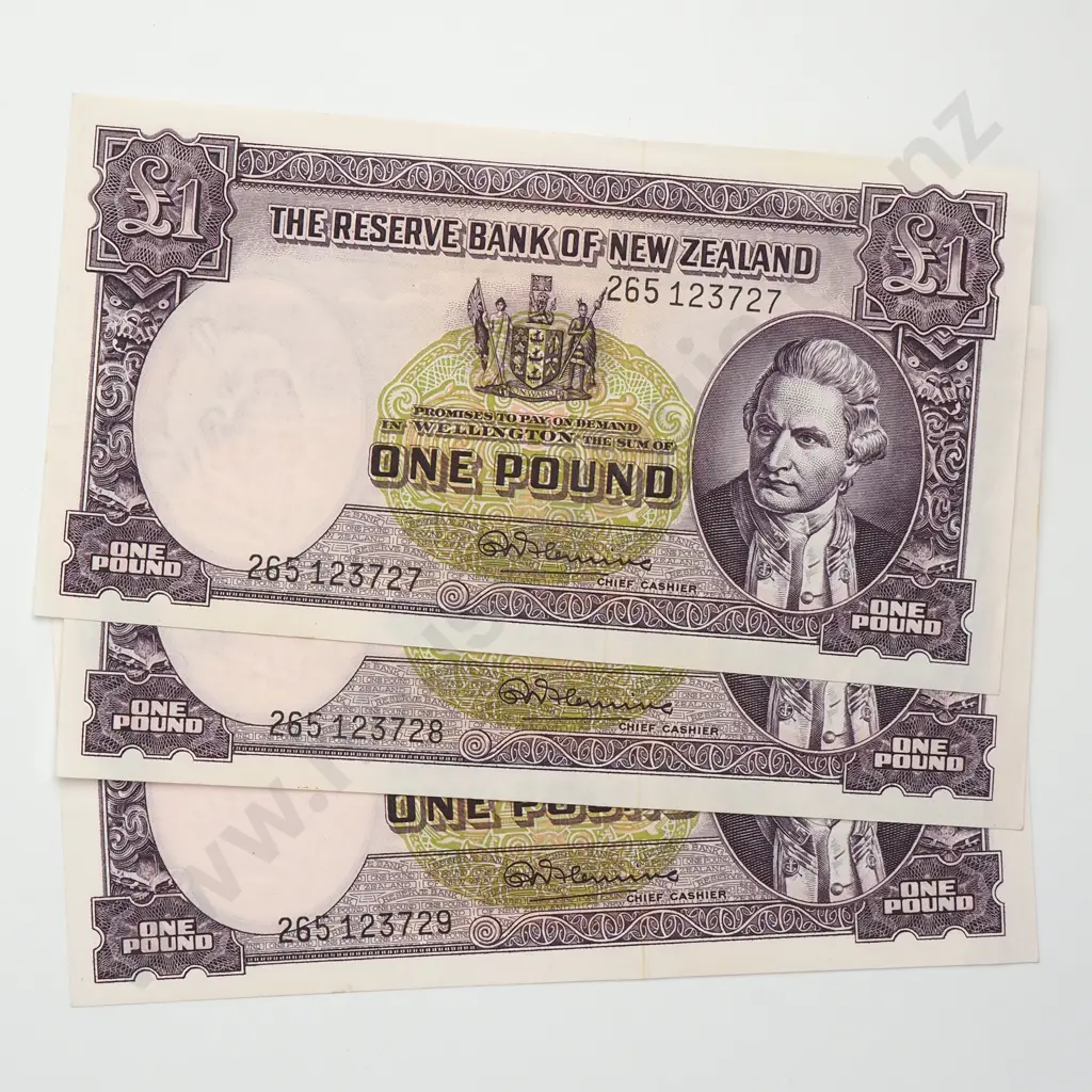 FLEMING CONSEC TRIO 1 POUND BANKNOTES ND(1956-67) P.159d Almost UNCIRCULATED CCV$390 Image 1++