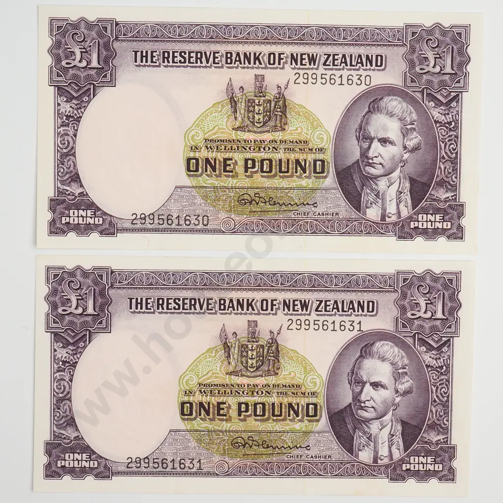 CONSEC PAIR 1 POUND NOTES, FLEMING SIGNATURE, PREFIXES 299, UNCIRCULATED Image 1++