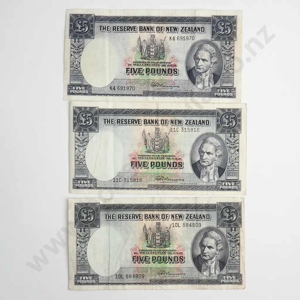 3 X 5 POUNDS, EACH FLEMING SIGNATURES, PREFIXES K4, 10L, 11C, EACH FINE Image 1++