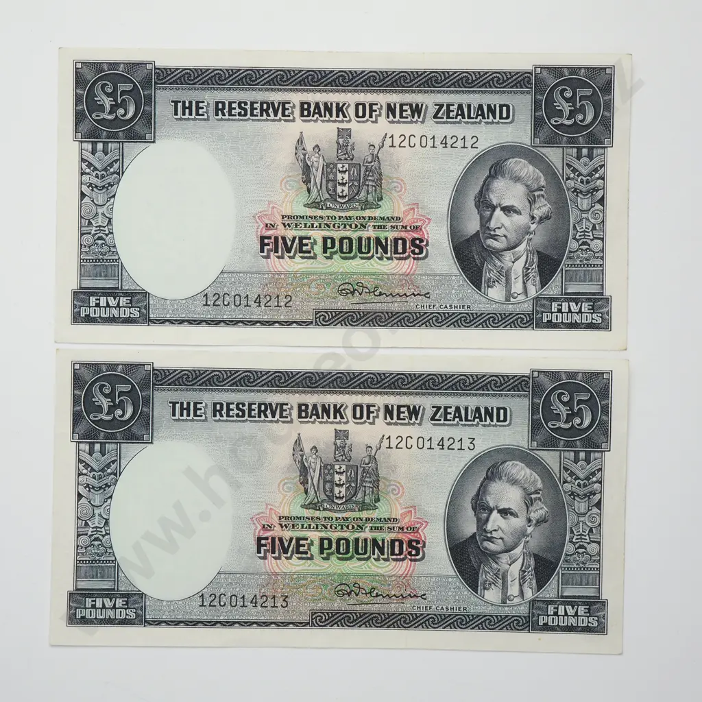 FLEMING CONSEC PAIR 5 POUNDS BANKNOTES ND(1956-67) P.160d Almost UNCIRCULATED CCV$450 Image 1++