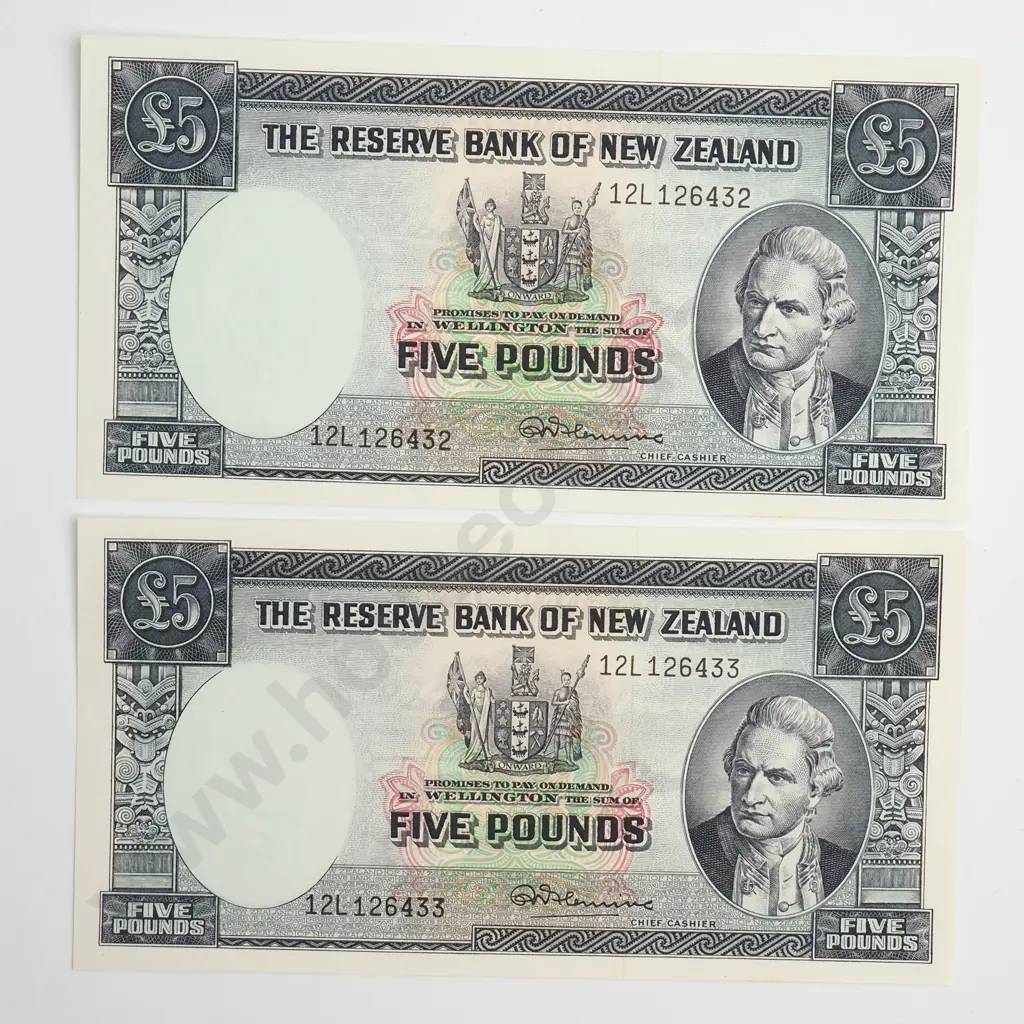 CONSEC PAIR 5 POUNDS, FLEMING SIGNATURE, PREFIXES 12L, ( LAST ISSUED PREFIXES OF SIGNATURE ), UNCIRCULATED Image 1++