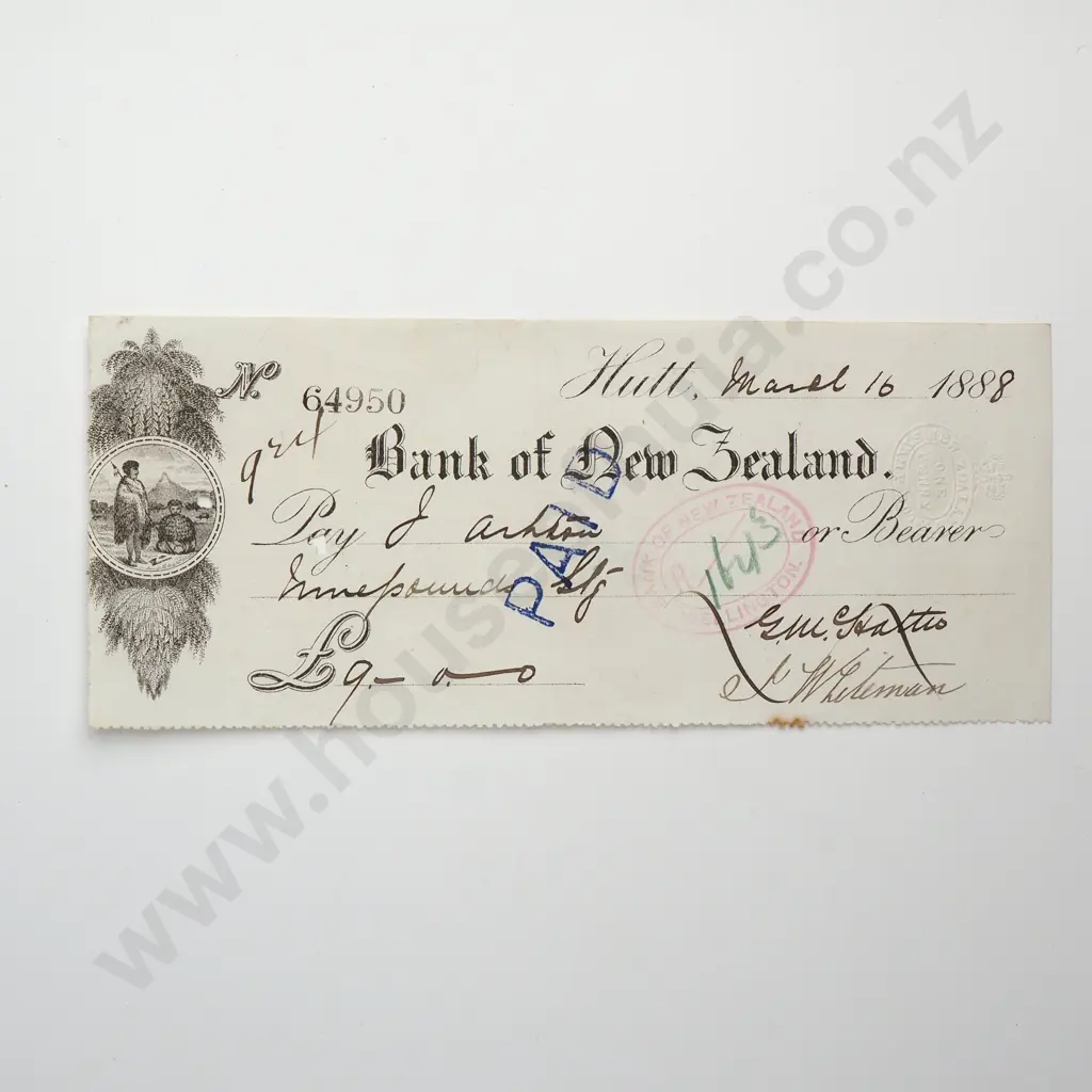 1888 Bank of New Zealand Cheque Image 1++