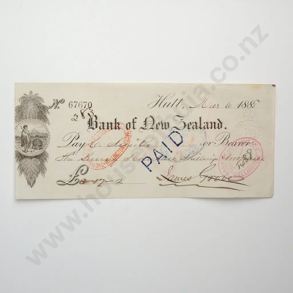 1888 Bank of New Zealand Cheque Image 1++