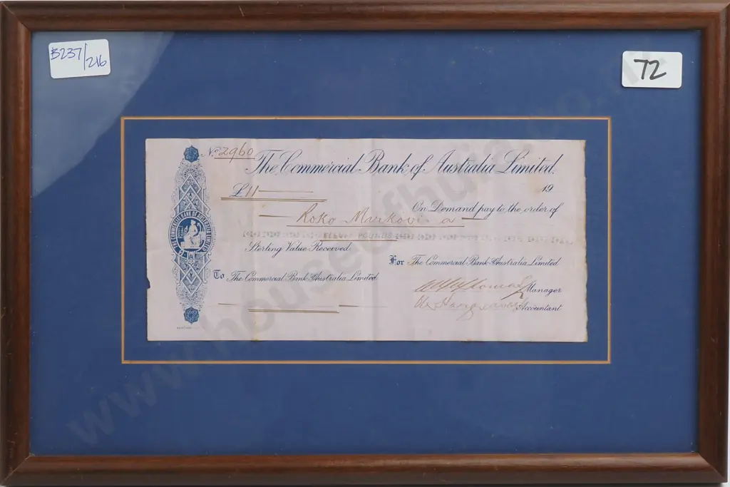 Framed Commercial Bank of Australia Promissory Note for 11 Pounds Image 1++
