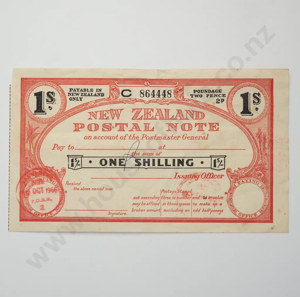 POSTAL NOTE 1 SHILLING BANKNOTE 19.10.1966 H.PN7H-1 FINE CV$40 Image 1++