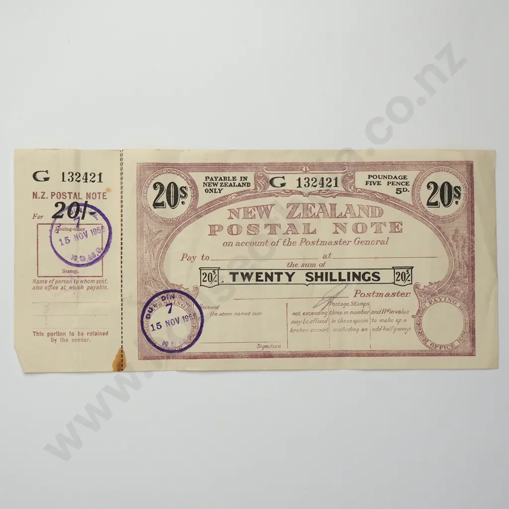POSTAL NOTE 20 SHILLINGS BANKNOTE 15.11.1958 H.PN7E-39 VERY FINE CV$125 Image 1++