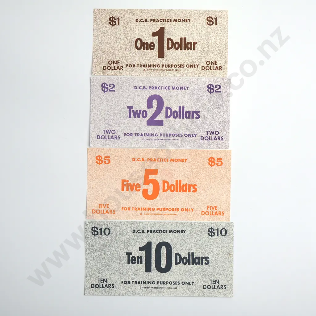 DCB PRACTICE MONEY 1 DOLLAR, 2 DOLLARS, 5 DOLLARS, 10 DOLLARS BANKNOTES UNCIRCULATED Image 1++