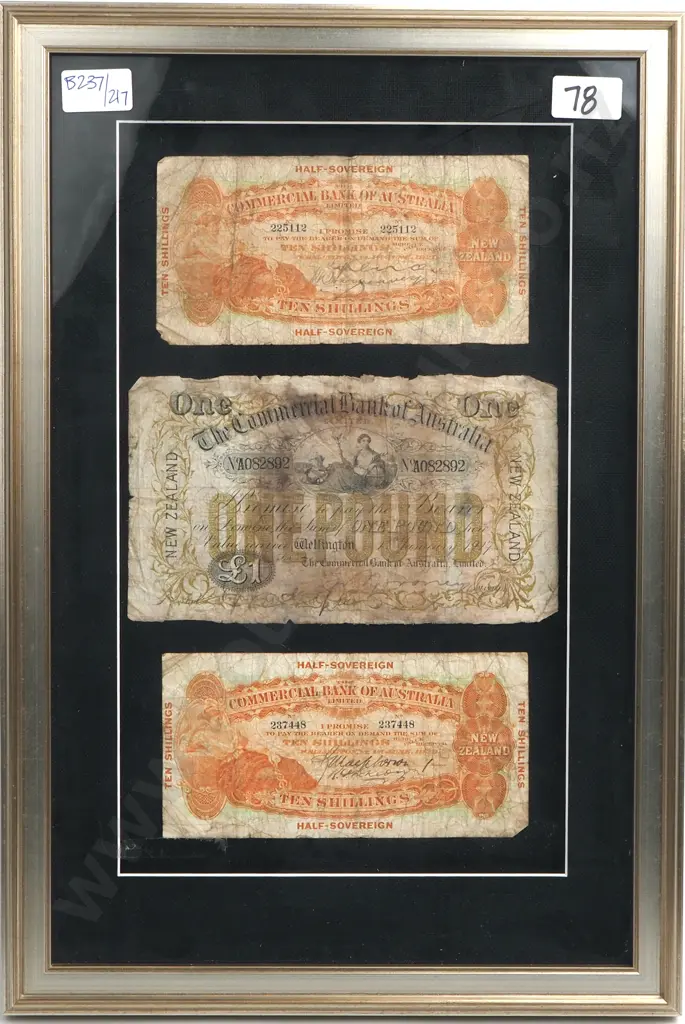Framed Commercial Bank of Australia Two 10 Shillings 1929 & One Pound 1917 Image 1++