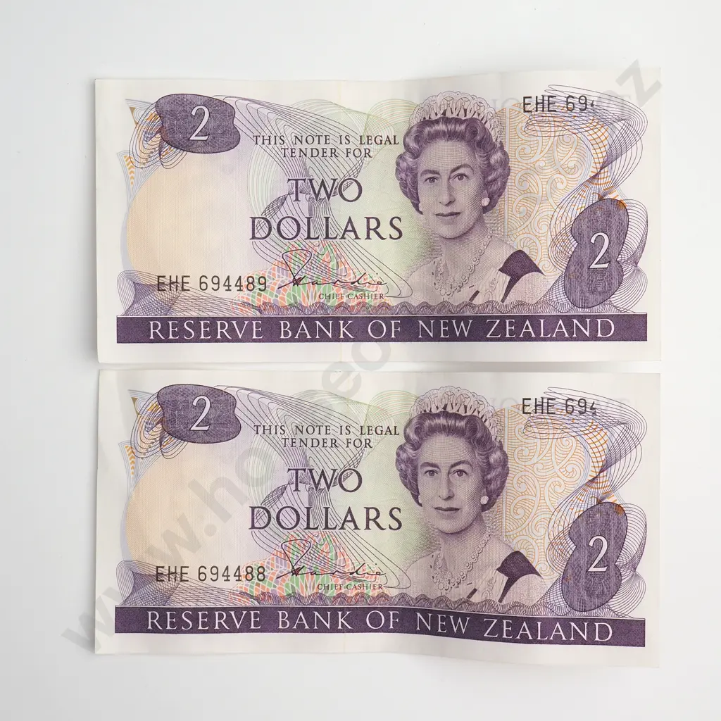 2 X CONSECUTIVELY NUMBERED TWO DOLLARS ERROR NOTES, HARDIE TYPE II SIGNATURE, PREFIXES EHE, EACH MISSING THREE AND A HALF NUMBERS TOP RIGHT, EF Image 1++