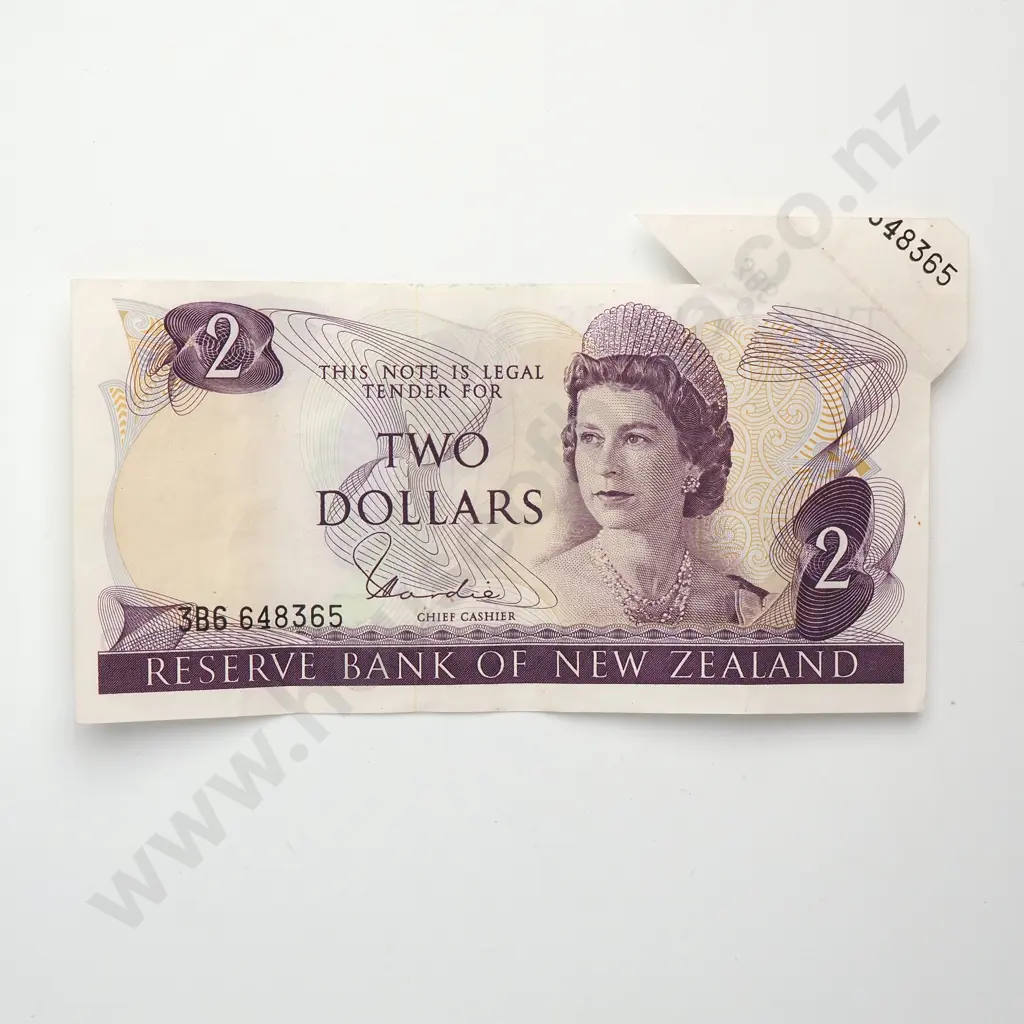 2 DOLLARS ERROR NOTE, HARDIE TYPE I SIGNATURE, PREFIX 3B6, EXTRA PAPER TOP RIGHT WITH PARTIAL NUMBER PRINTED ON EACH Image 1++