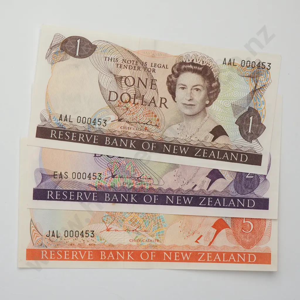 HARDIE PART SAME NUMBER SET 1, 2, 5 DOLLARS BANKNOTES ND(1981-85) aUNC CCV$100 Image 1++