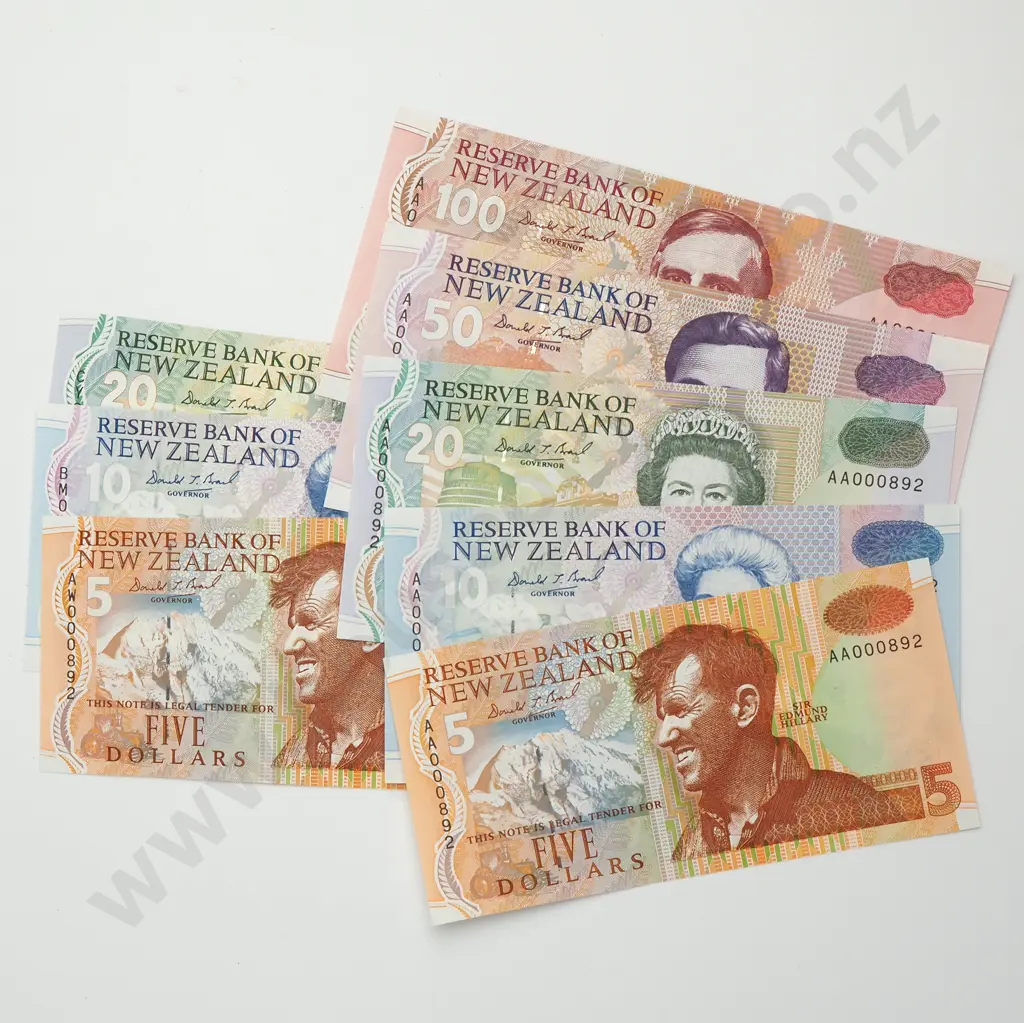 BRASH SAME NUMBERED SET $5-$100 BANKNOTES ND(1992-97) UNCIRCULATED CV$1100 Image 1++