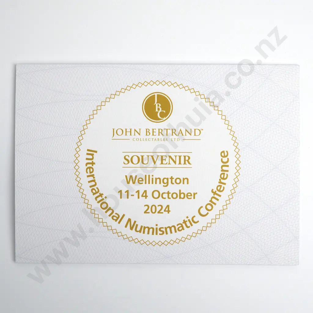 2024 JOHN BERTRAND RNSNZ CONFERENCE SOUVENIR - HARDIE $5 JA 316779, GOLD OVERPRINT IN FOLDER UNC Image 1++