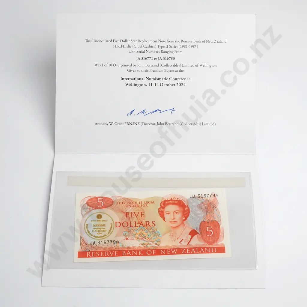 2024 JOHN BERTRAND RNSNZ CONFERENCE SOUVENIR - HARDIE $5 JA 316779, GOLD OVERPRINT IN FOLDER UNC Image 1++