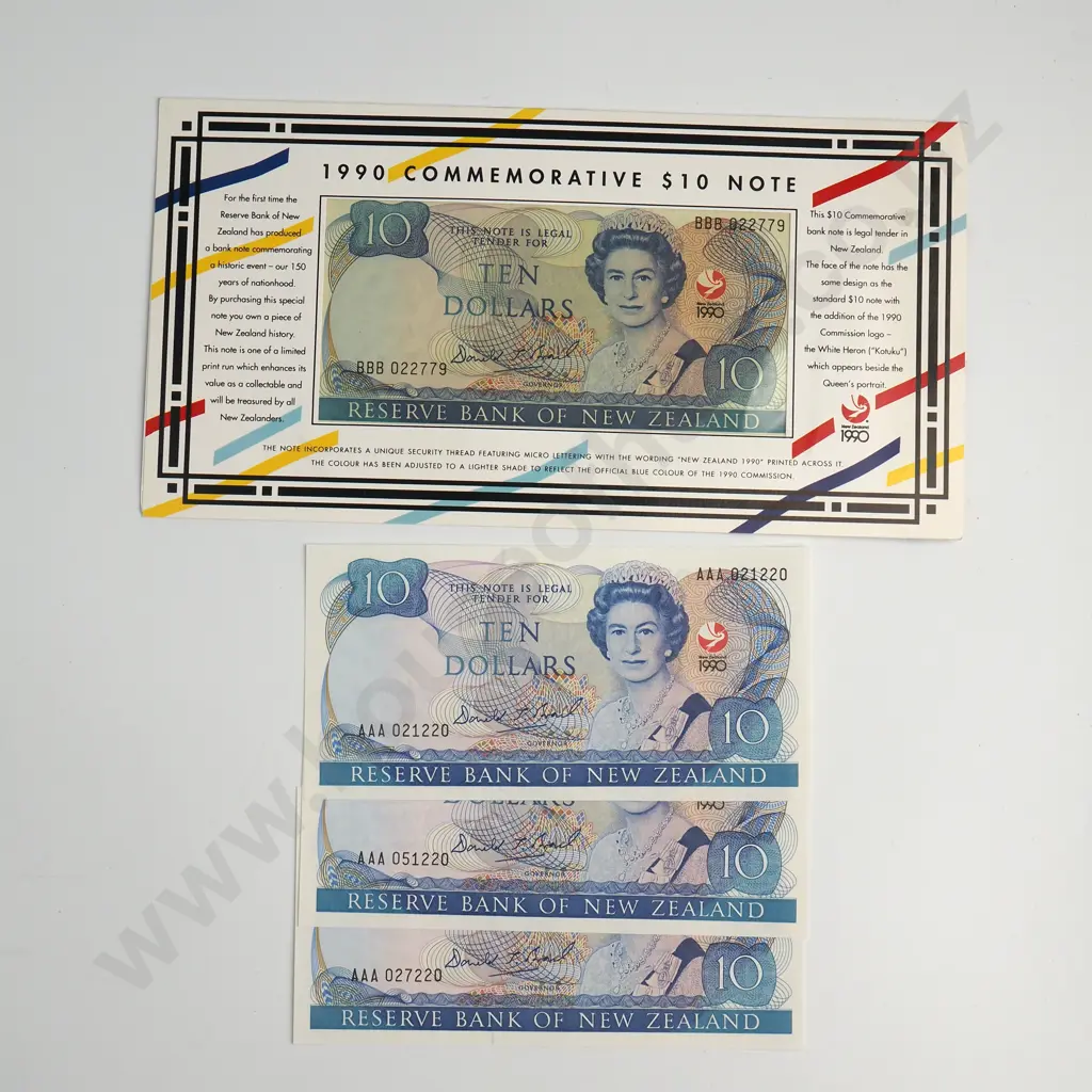 3 X 10 DOLLARS, BRASH SIGNATURE 1990, PREFIXES AAA AND EACH SERIAL NUMBER ENDING IN 220, PLUS ONE IN FOLDER PREFIX BBB Image 1++